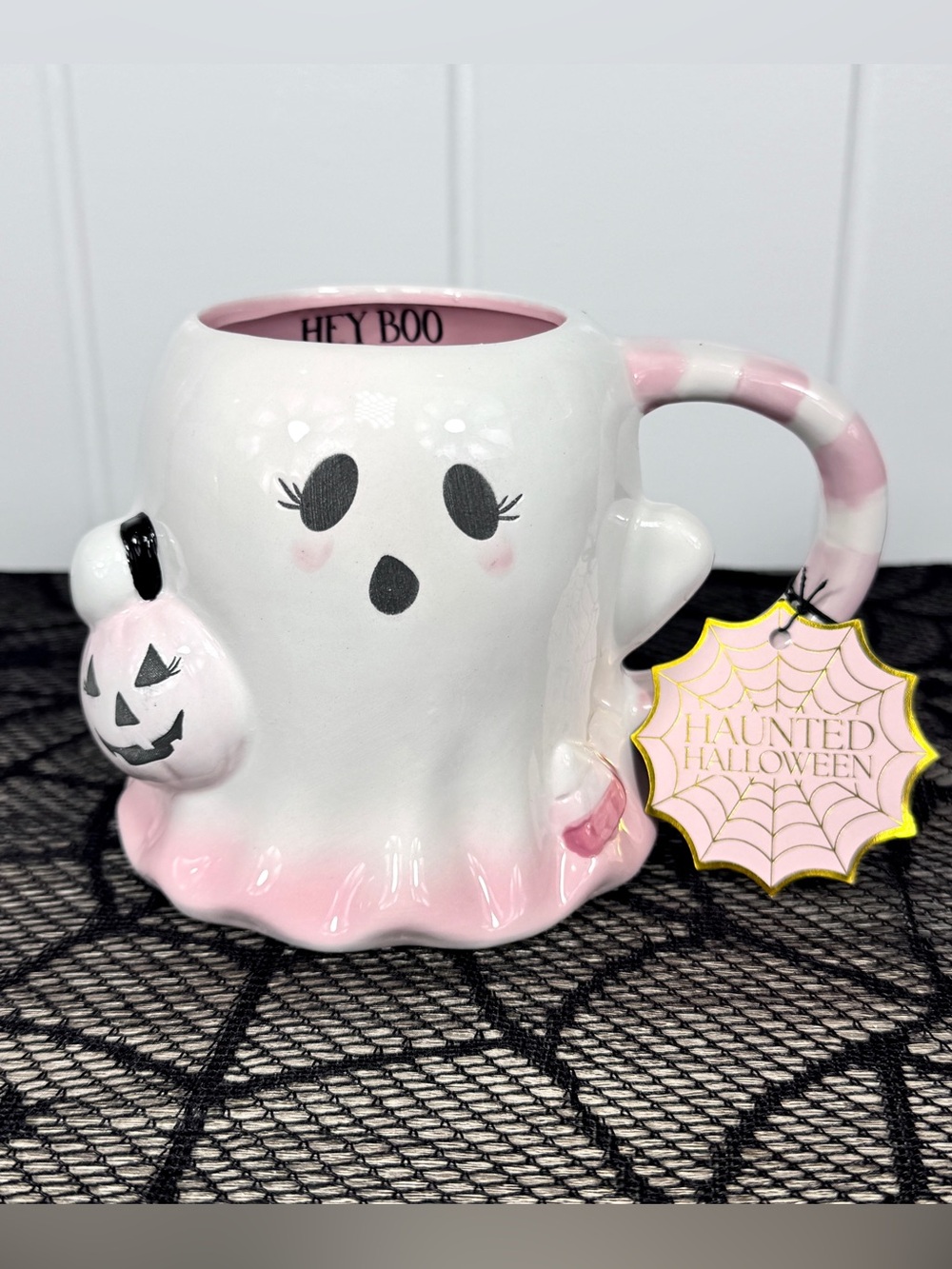NEW Haunted Halloween Ghost Pink Pumpkin Mug